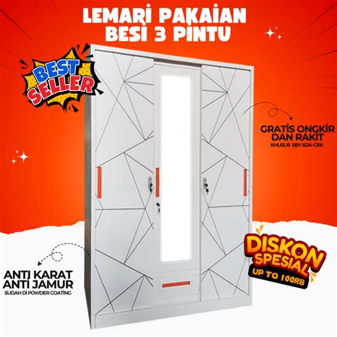 Jual Lemari Pakaian Besi 3 Pintu 120cm XR 302C Lemari Baju Plat Besi