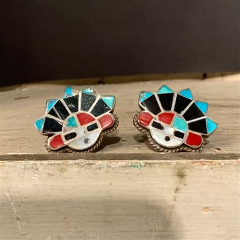 Vintage Zuni Sun Face Inlay Sterling Silver Earrings Gem