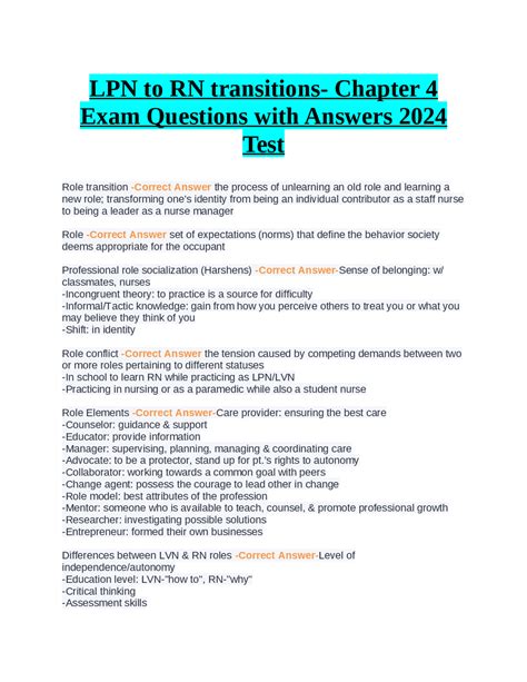 LPN To RN Transitions Chapter 4 Exam Questions With Answers 2024 Test