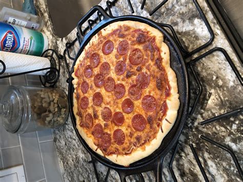 First Try At Home Made Pizza On The Lodge Cast Iron Pizza Stone Need To Pre Cook The Dough A