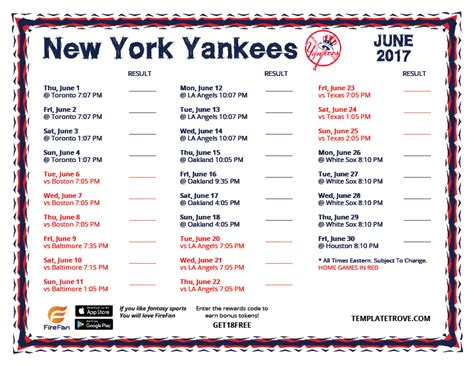 Printable 2017 New York Yankees Schedule