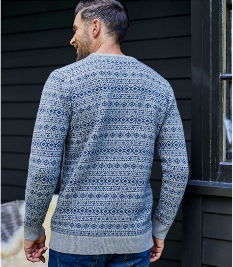 Grey Blue Mens Lambswool All Over Fairisle Jumper Woolovers Uk