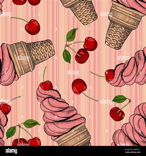 Ice Cream With Cherry In Engraved Style Seamless Pattern Vector Hand