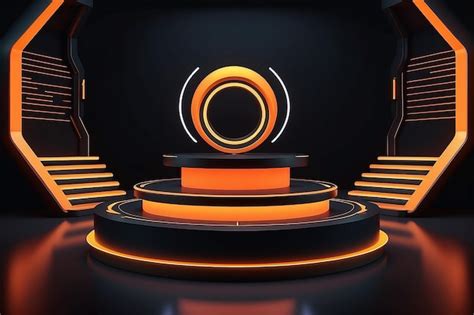 Premium Photo Dark Sci Fi Futuristic Cyber Stage Podium Neon Orange