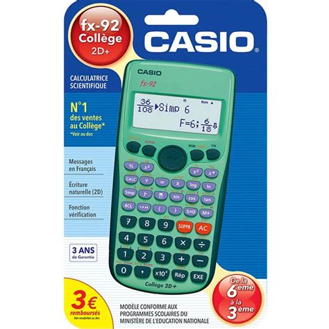 Calculatrice Scientifique Casio FX 92 College 2D Plus Chez