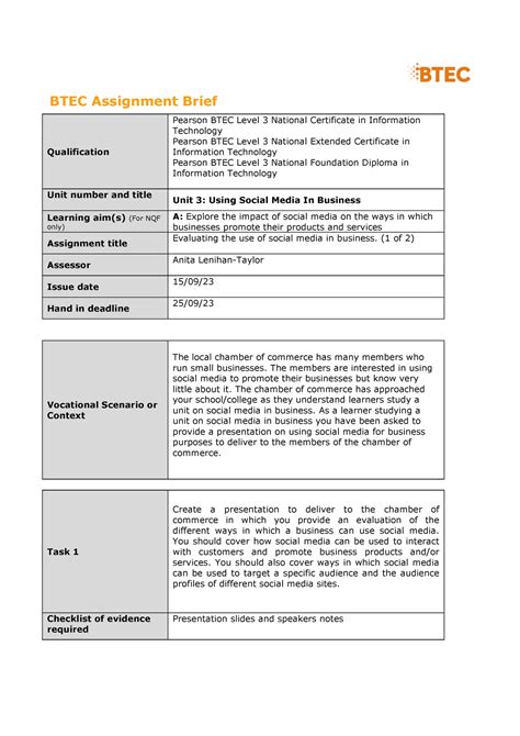 Unit 3 Assignment 1 Btec Assignment Brief Qualification Pearson Btec