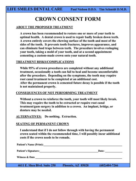 Fillable Online Crown Consent Form Life Smiles Dental Care Fax Email Print Pdffiller