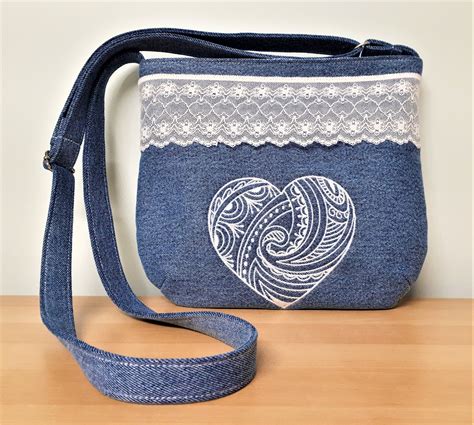 Upcycled Embroidered Denim Crossbody Purse With Lace Boho Shabby