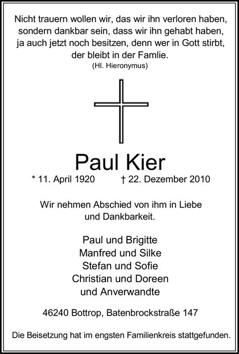 Trauer Und Todesanzeigen Von Paul Kier Trauer De