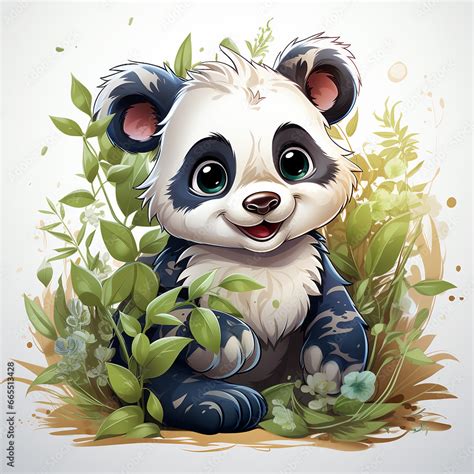 Sweet drawing of a cute little smiling panda, contentedly munching on ...