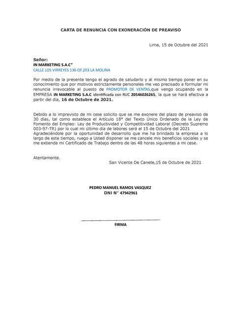 Carta De Renuncia Con Exoneraci N De Preaviso Derecho Rimano Studocu