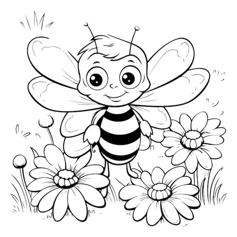 Libro De Colorear Para Niños Abejas Y Flores Ilustración Vectorial En