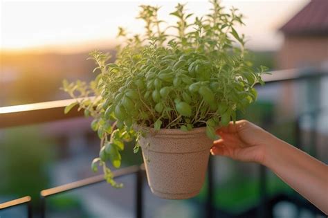 Uma mão segurando uma planta em um vaso o sol brilhando sobre ela