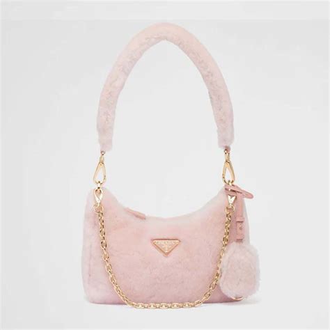 Prada Women Shearling Mini Bag With The Enameled Metal Triangle Logo Pink