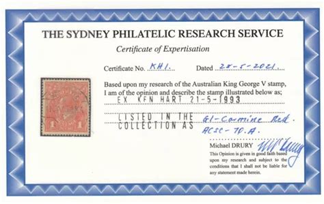 AUSTRALIA KGV STAMP Used Michael DRURY Certificate G1 Carmine Red