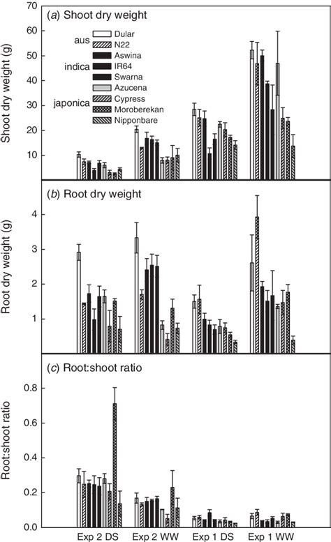 A Shoot Dry Weight B Root Dry Weight And C Root Shoot Ratios