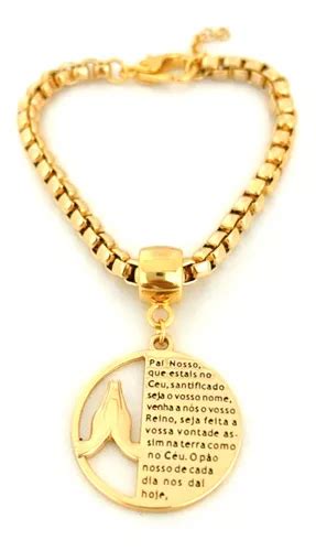 Pulseira Feminina Elo Portugu S Pingente Pai Nosso Folheado