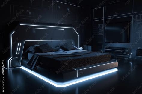 Futuristic bed in bedroom, blue glowing neon lights, architecture and ...