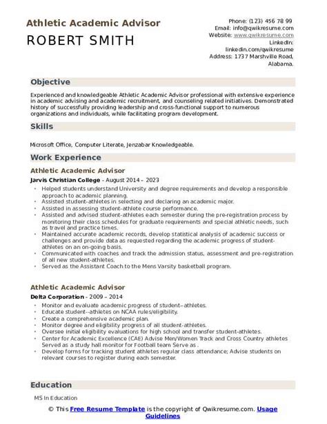 Athletic Academic Advisor Resume Samples Qwikresume