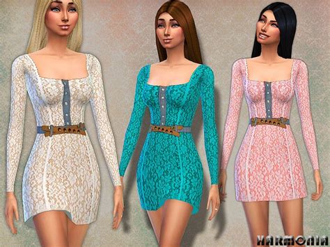 Harmonia S Chambray Trimmed Lace Dress Lace Dress Sims 4 Clothing Dresses