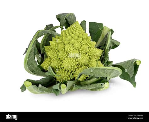 Romanesco Broccoli Or Roman Cauliflower With Leafs Isolated On White