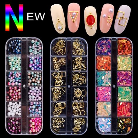 Gold Silver Hollow Nail Art 3d Decorations 12 Grids Nail Rivets Ab