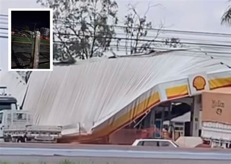 Chuva e ventos fortes derrubam cobertura de posto de combustíveis e