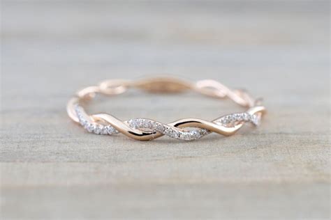 14k Rose Gold Diamond Rope Twined Vine Micro Pave Stackable Ring