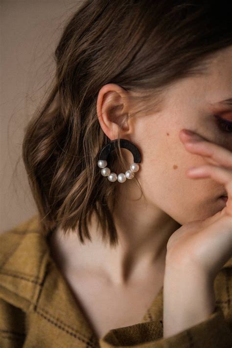 Pearl Hoop Earrings Aesthetic Earrings Wooden Hoop Etsy