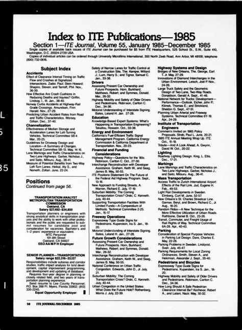 Institute of Transportation Engineers. ITE Journal 1985: Vol 55 Index