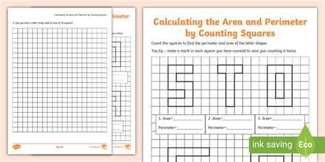 Finding The Area And Perimeter By Counting Squares Activity Sheet