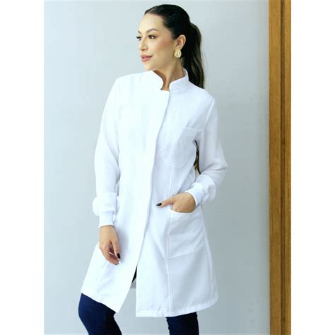 Jaleco Feminino Oxford Branco Botão Embutido Gola Padre Elástico