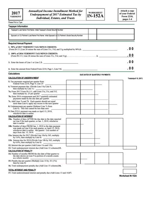 Form 2210 - Worksheet In-152a - Annualized Income Installment Method For Underpayment Of 2017 ...