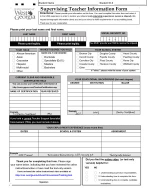 Fillable Online Westga Supervising Teacher Information Form Westga