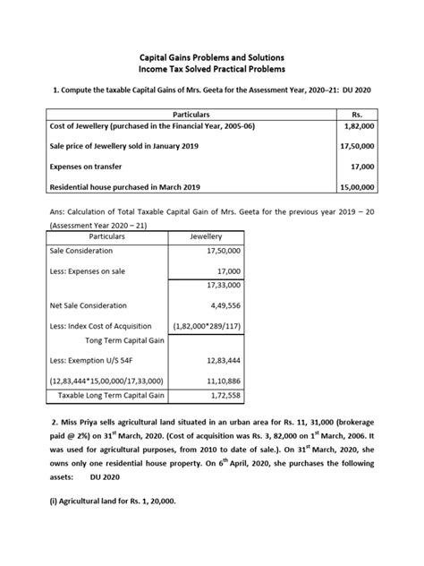 Capital Gain Sums With Solution Pdf Capital Gain Capital