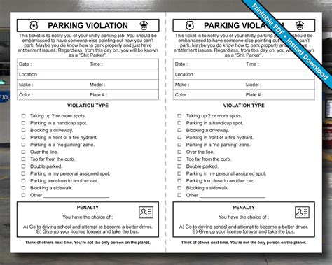 Parking Violation Ticket Fake Parking Ticket Printable Pdf Instant Digital Download Etsy