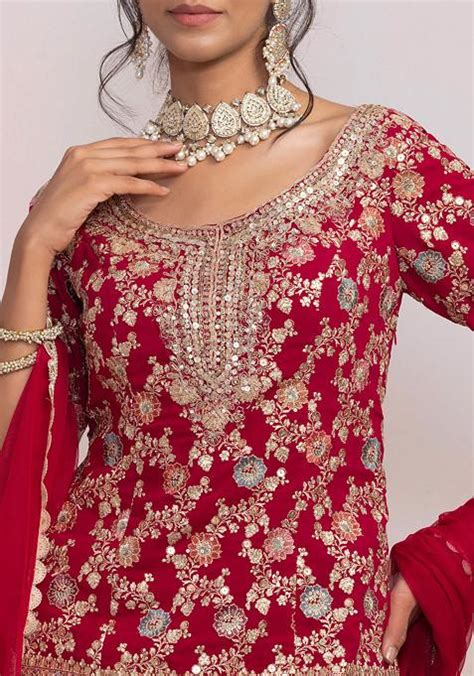 Buy Women Fuchsia Pink Sharara Set With Multicolour Floral Zari