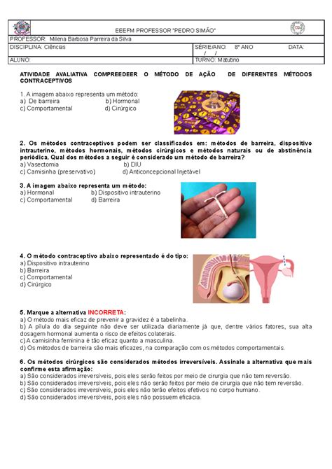 Exercícios Sobre Métodos Contraceptivos FDPLEARN