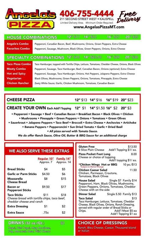 Angelas Pizza Menu In Kalispell Montana Usa