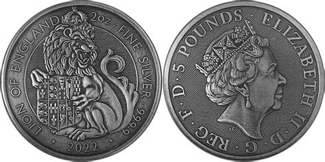 5 Pounds LION OF ENGLAND Tudor Beasts Antique 2 Oz Silver Coin 5