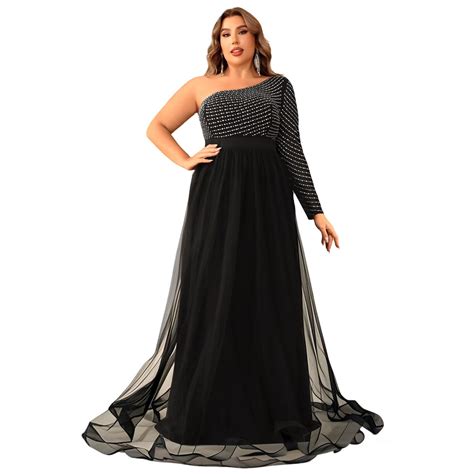 Womens One Shoulder Long Sleeve Evening Dresses Plus Size Rhinestone