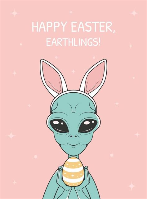 Happy Easter Poster Greeting Card With Cute Alien With Bunny Ears And Easter Egg 37198107