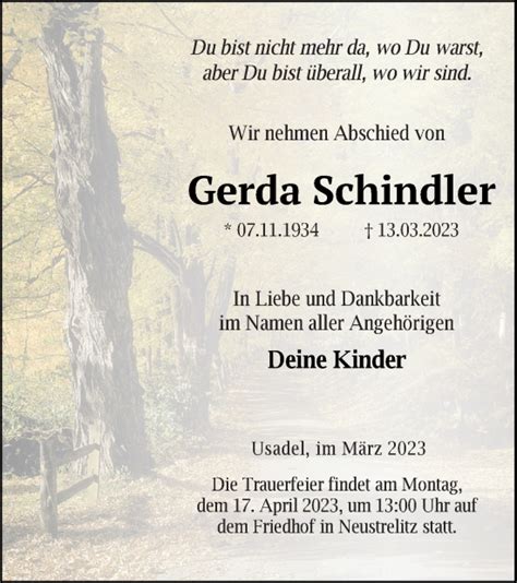 Traueranzeigen Von Gerda Schindler Trauer Nordkurier