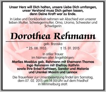 Traueranzeigen Von Dorothea Rehmann Abschied Nehmen De