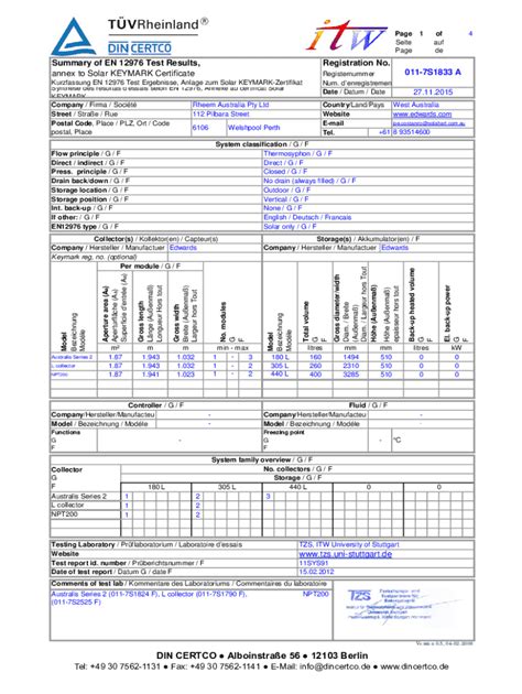 Remplissable En Ligne Summary Of Annex To Solar Keymark Certificate