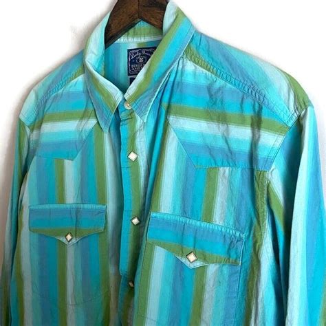 Lucky Brand Mens Blue Green Striped Western Diamond Snap Button Up