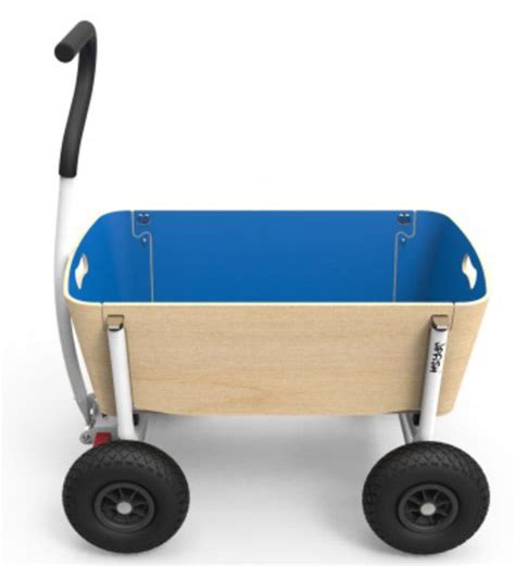 A Wooden Wagon With Black Wheels And Blue Paint On The Sides Is Shown