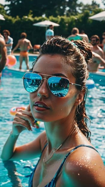 Premium Photo Woman In Blue Bikini And Sunglasses In Swimming Pool