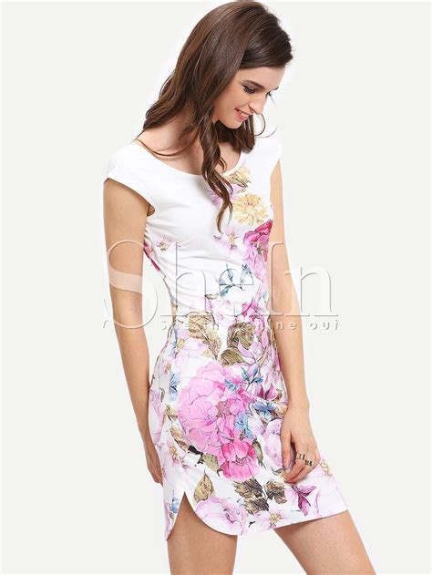 Beige Cap Sleeve Floral Print Sheath Dress Shein Sheinside