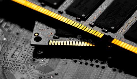 Macro Close Up Of Computer Ram Chip And Motherboard Stock Photo Image